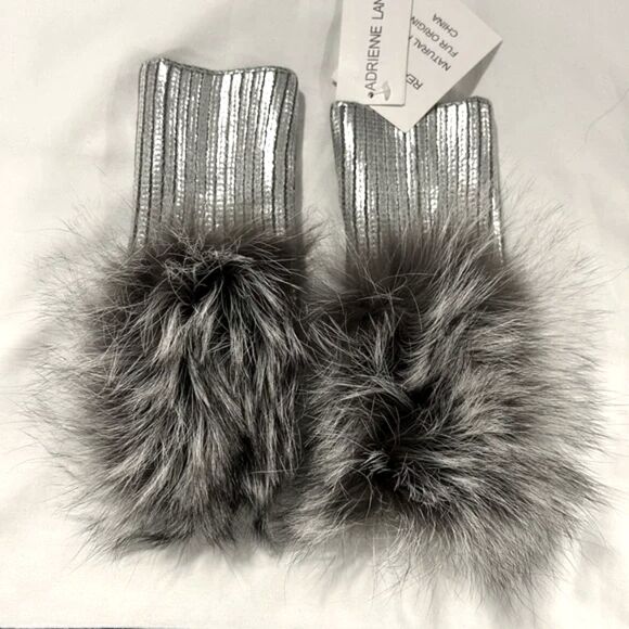 NWT Adrienne Landau Silver Metallic Fingerless Gloves Faux Fur Trim | Cozy Glam - Picture 2 of 2